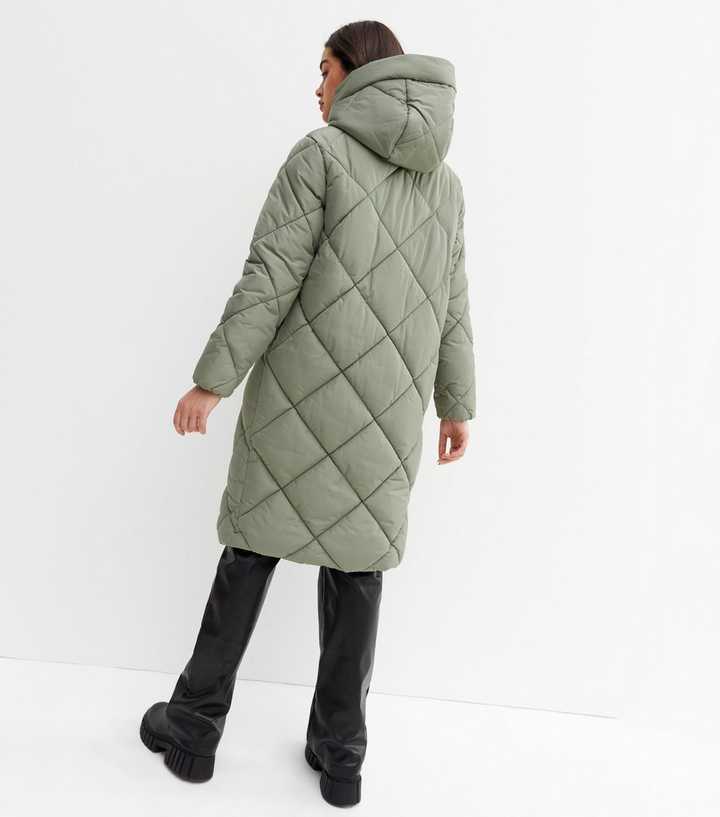 Olive Quilted Hooded Long Puffer Jacket