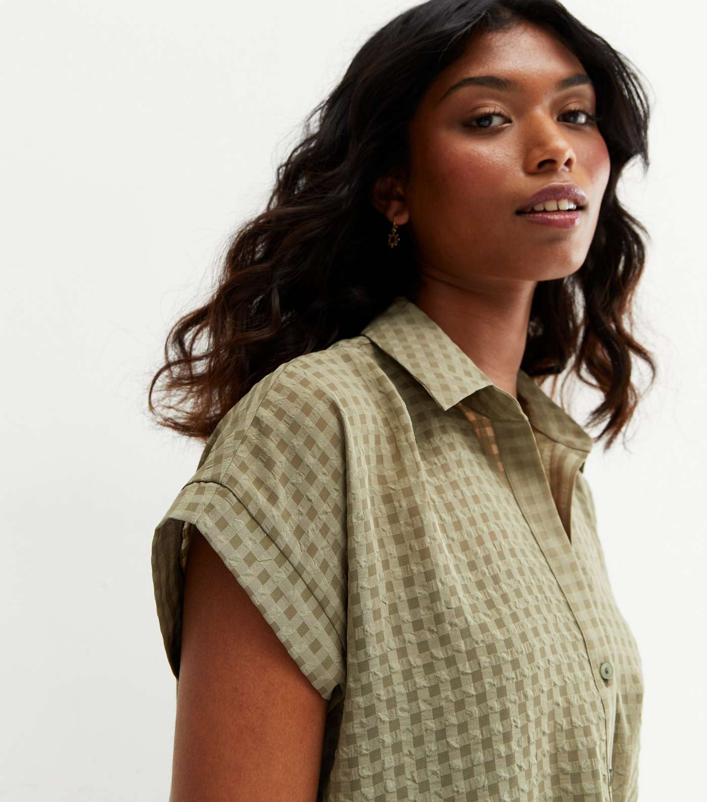 Olive Check Twist Front Short Sleeve Shirt