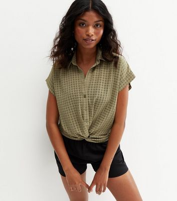 Olive Check Twist Front Short Sleeve 