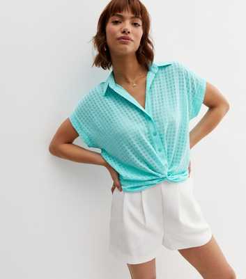 Turquoise Check Twist Front Short Sleeve Shirt