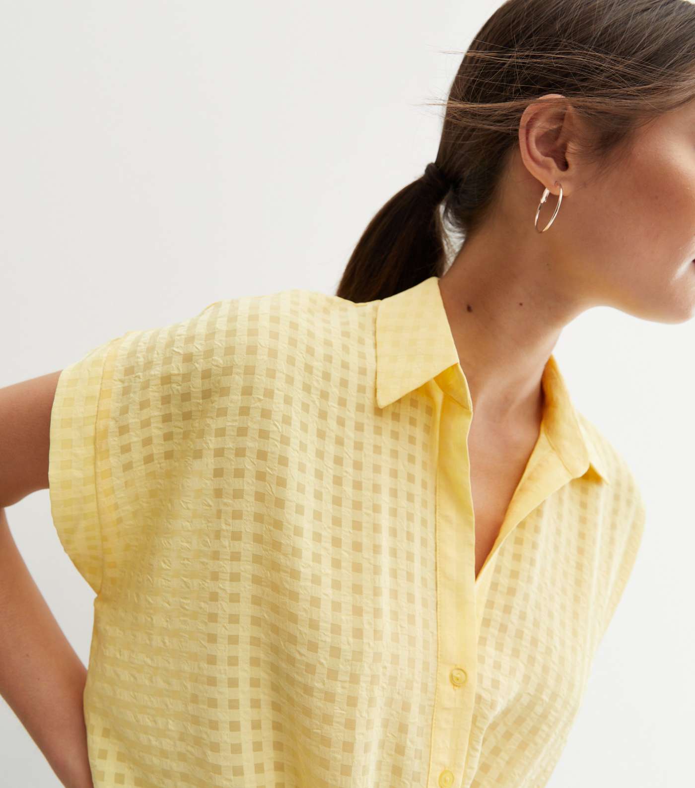 Pale Yellow Check Twist Front Short Sleeve Shirt Image 2