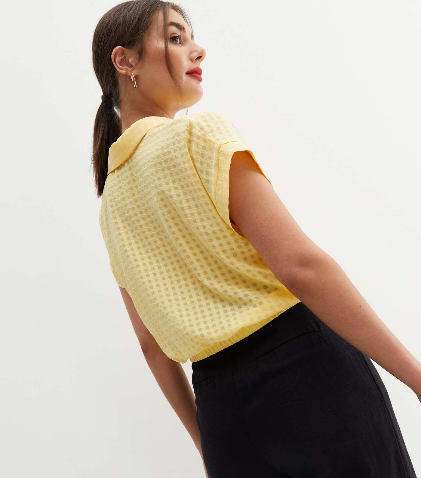 Pale Yellow Check Twist Front Short Sleeve Shirt Image 4
