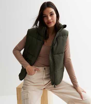 Khaki Puffer Crop Gilet
