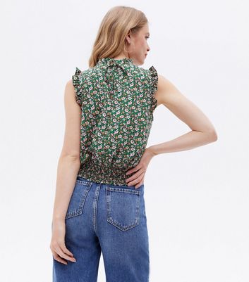 Green Floral High Neck Frill Sleeveless Blouse New Look
