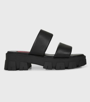 London Rebel Black Double Strap Chunky Sliders New Look