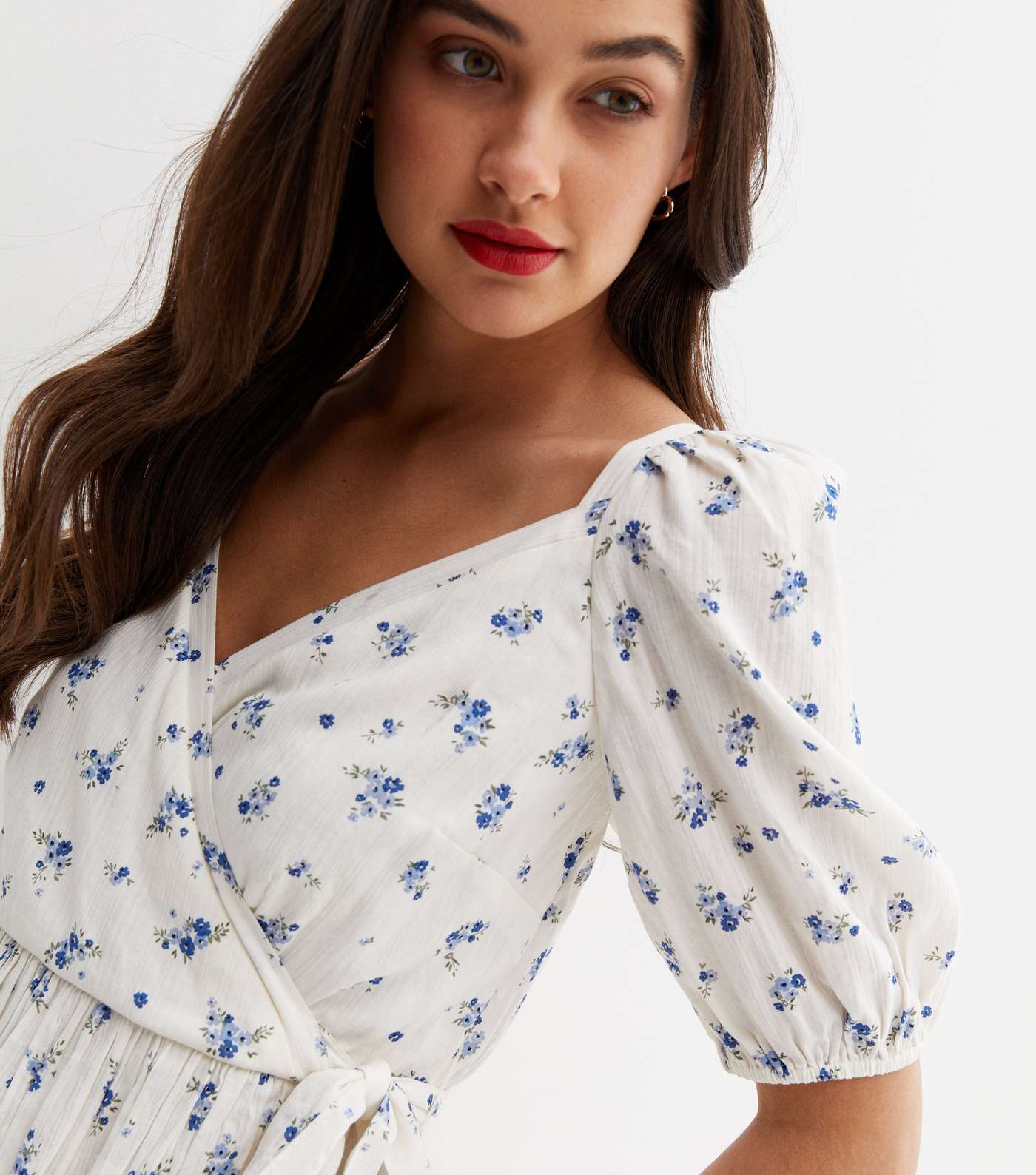 White Ditsy Floral Short Puff Sleeve Wrap Peplum Top