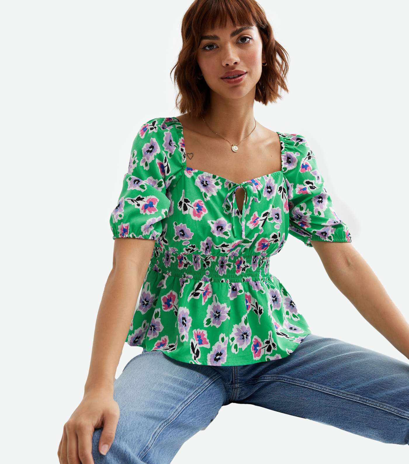 Green Floral Square Neck Peplum Blouse