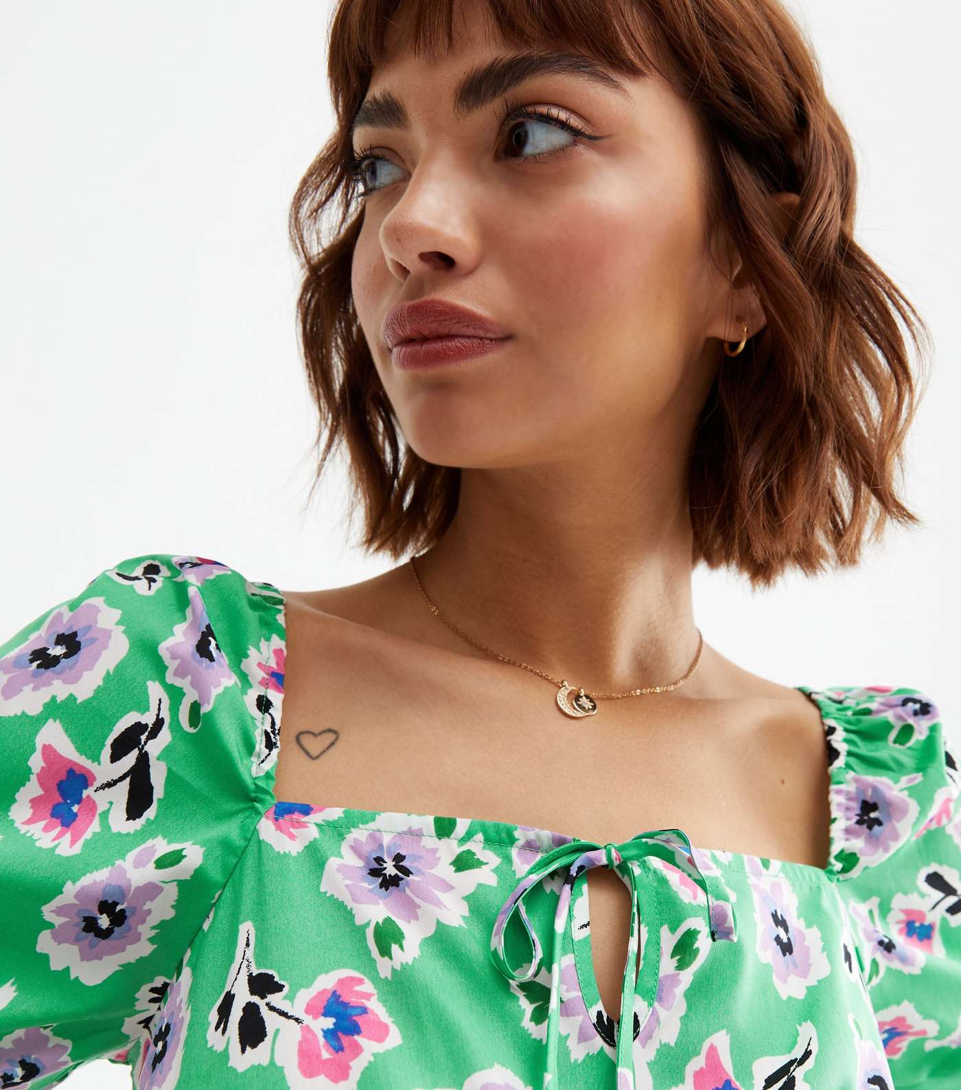 Green Floral Square Neck Peplum Blouse Image 3