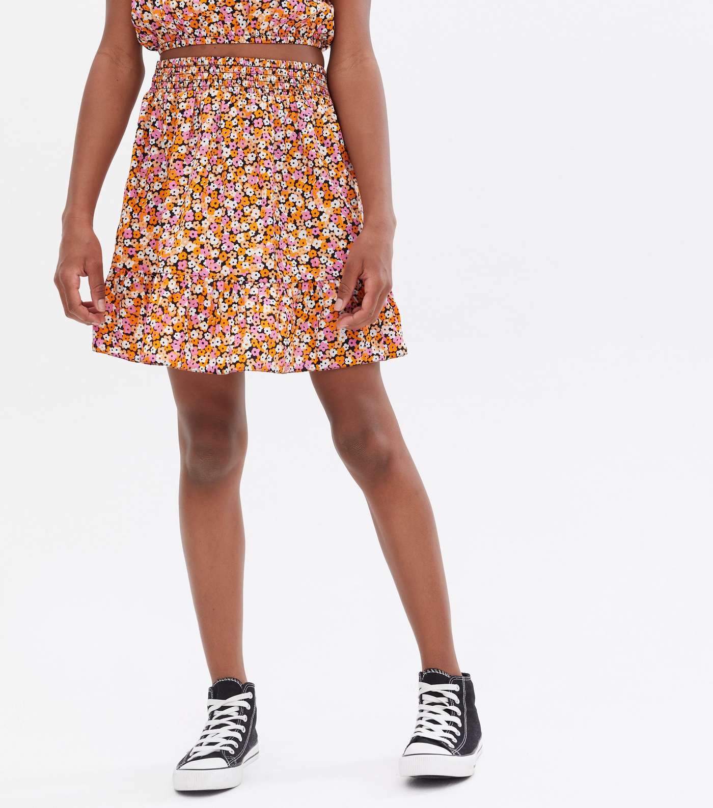 Girls Black Floral Crepe Frill Top and Skirt Set Image 3