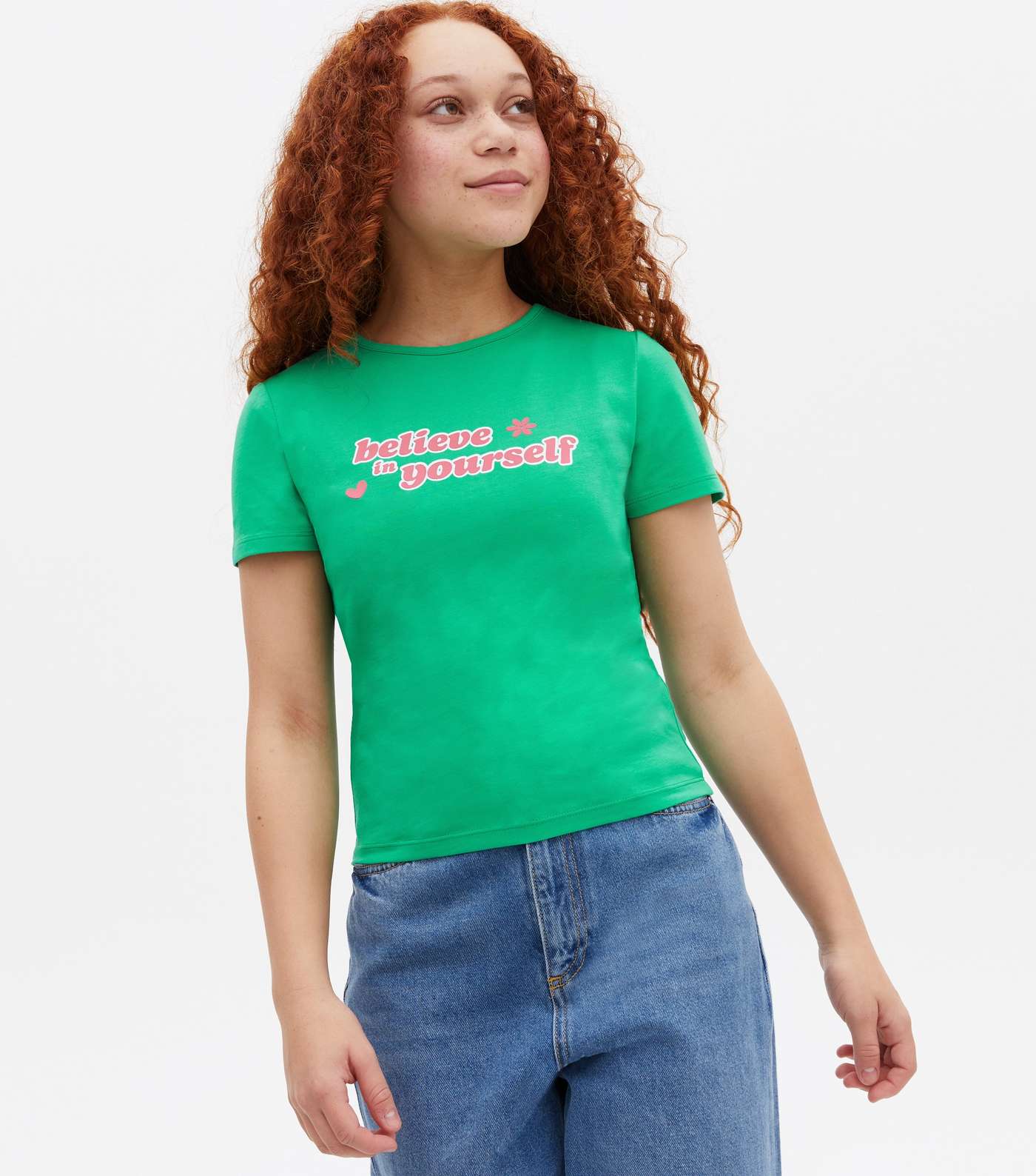 Girls Green Believe In Yourself Logo T-Shirt Image 2
