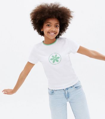 Teenager Bekleidung für Mädchen Girls White Retro Floral Logo Ringer T-Shirt