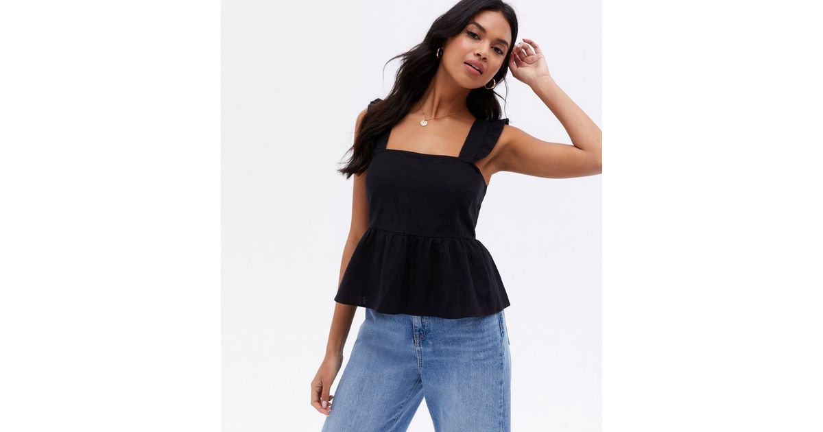Black Linen Blend Tie Back Peplum Cami New Look