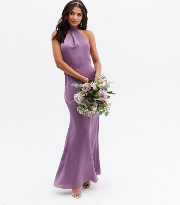 Maya Lilac Satin Maxi Halter Dress New Look