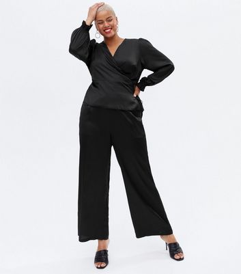 Curves Black Satin Wide Leg Trousers 