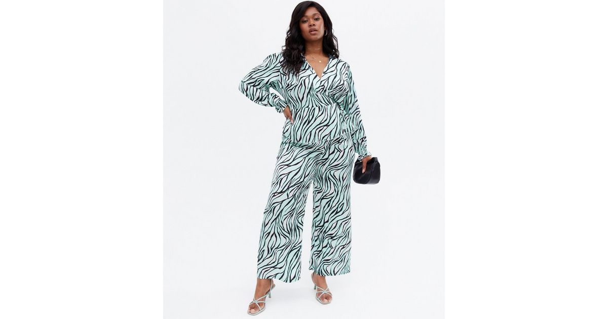 Curves Blue Zebra Print Satin Wide Leg Trousers New Look