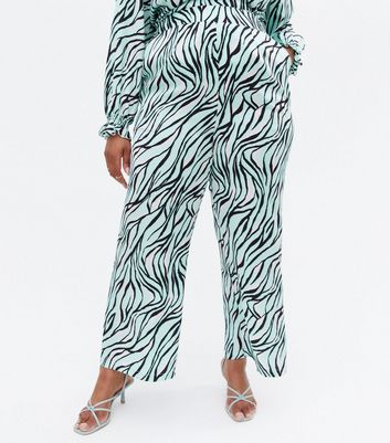 Curves Blue Zebra Print Satin Wide Leg 