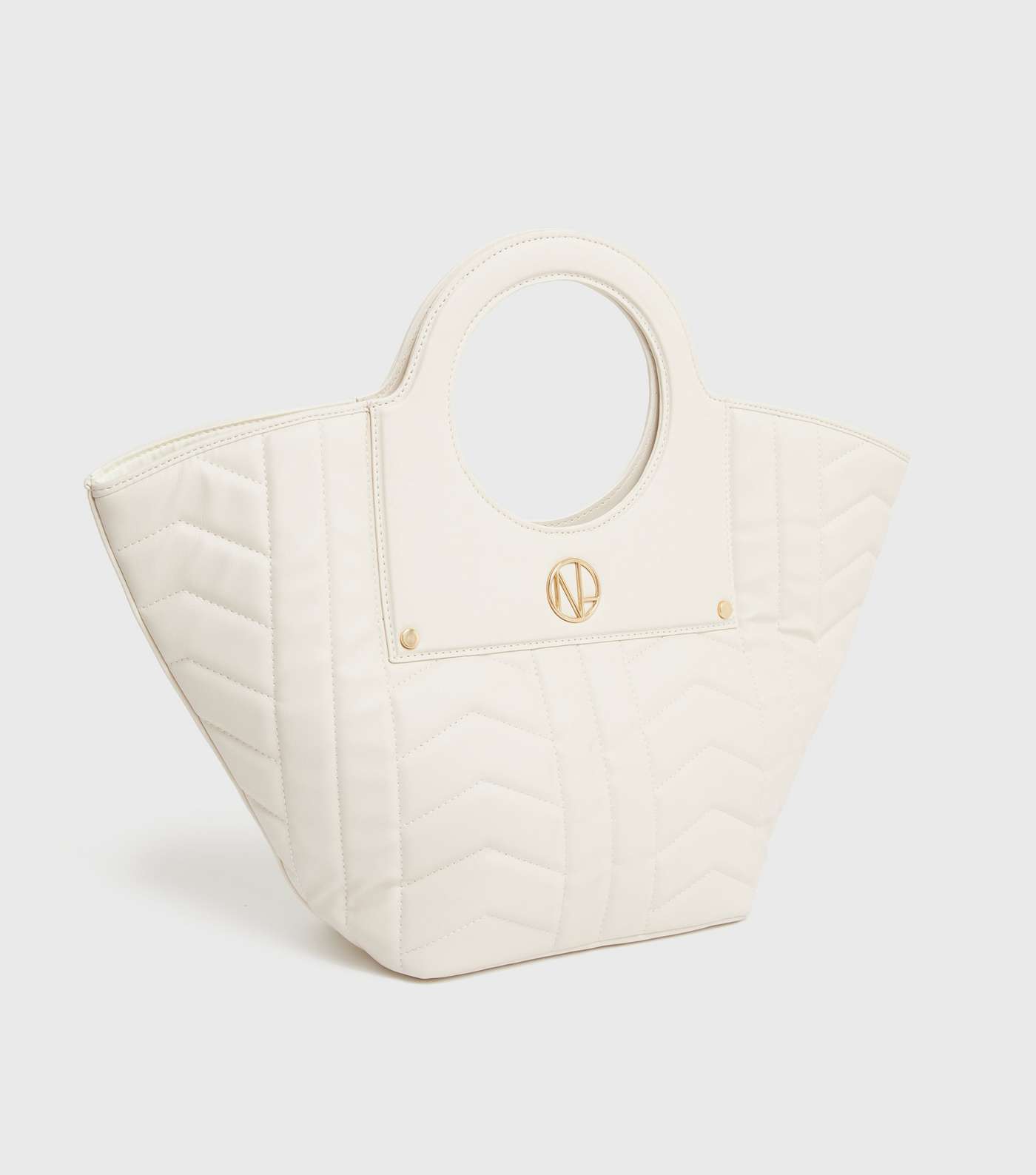 Off White Quilted Embellished Tote Bag Image 3