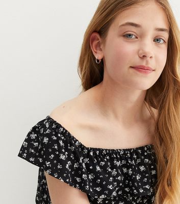Teenager Bekleidung für Mädchen Girls Black Floral Frill Bardot Top