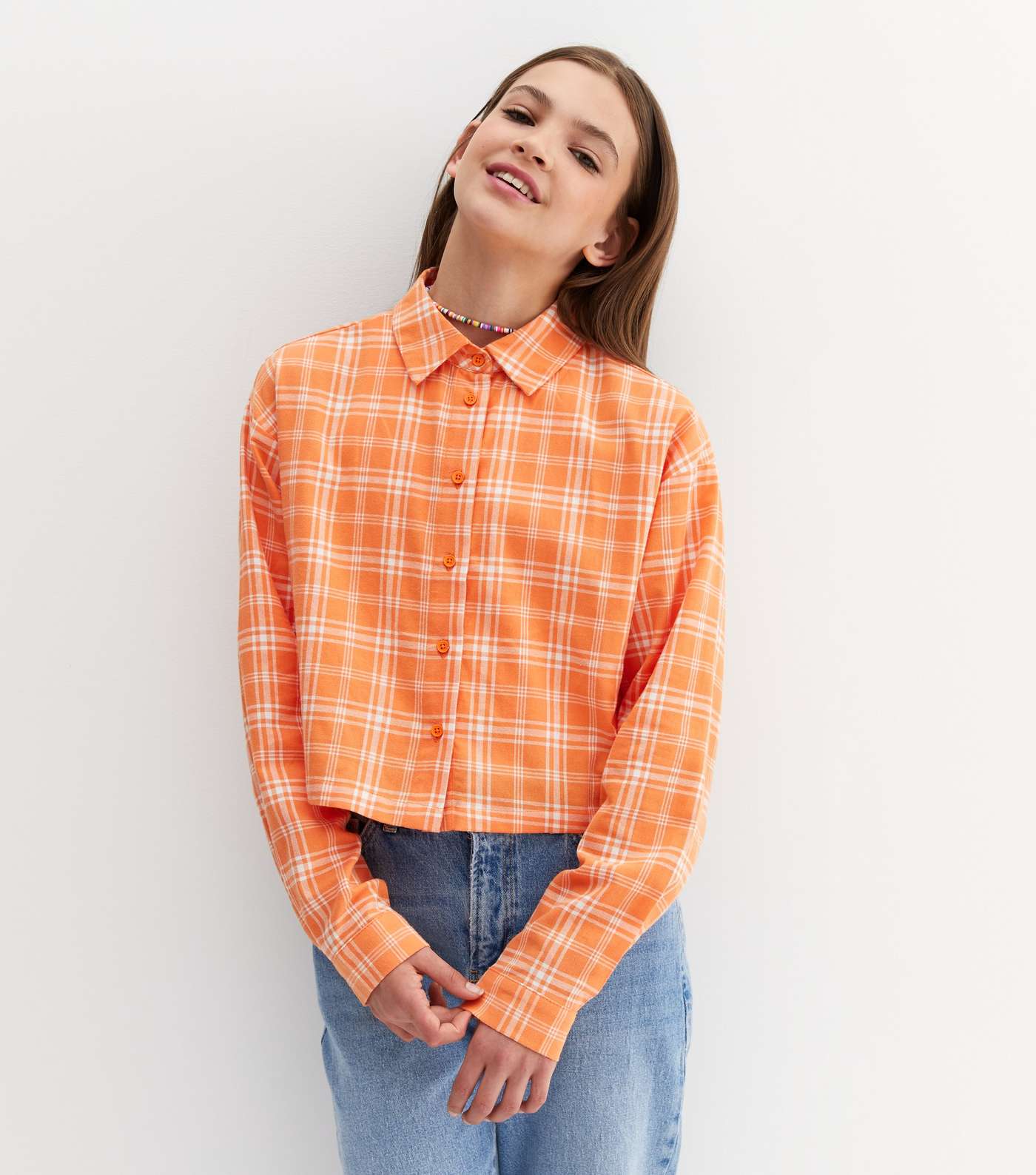 Girls Orange Check Long Sleeve Shirt Image 2
