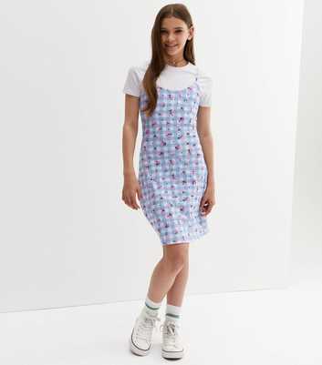 Girls Blue Floral Check 2 in 1 Dress