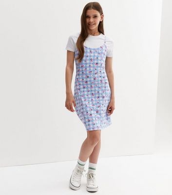 Teenager Bekleidung für Mädchen Girls Blue Floral Check 2 in 1 Dress