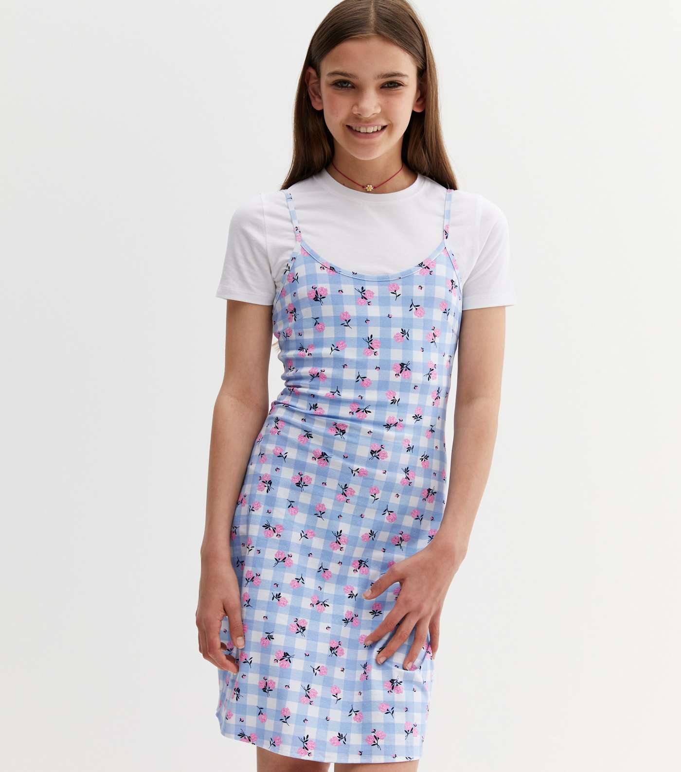 Girls Blue Floral Check 2 in 1 Dress Image 2