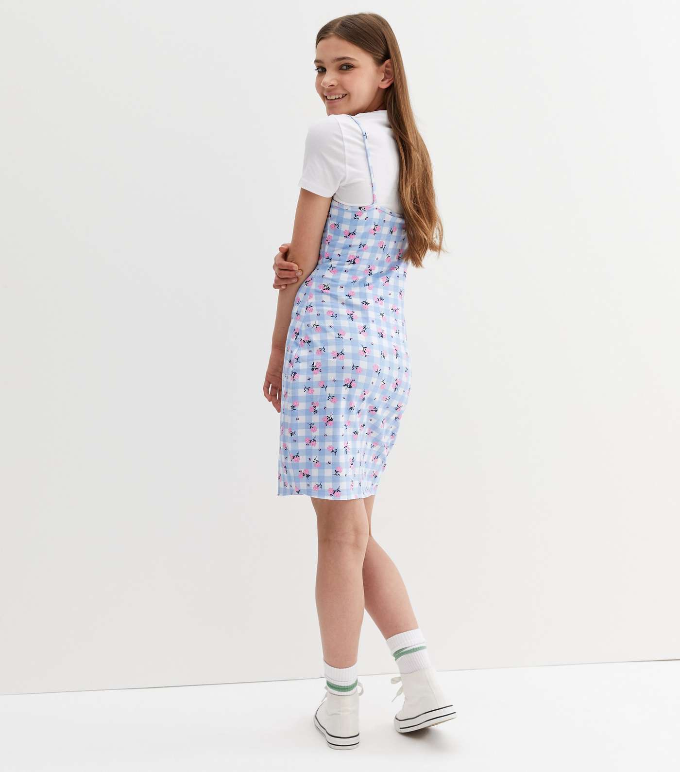 Girls Blue Floral Check 2 in 1 Dress Image 4