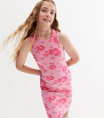 Teenager Bekleidung für Mädchen Girls Pink Floral Ribbed Racer Dress