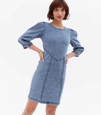 Only Blue Denim Puff Sleeve Mini Dress New Look