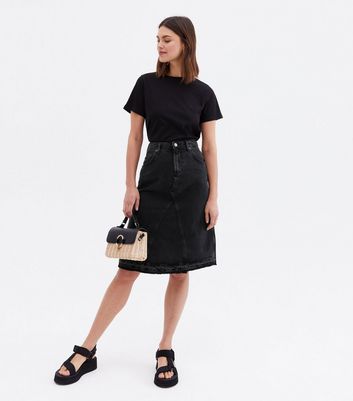Damen Bekleidung ONLY Black Denim Raw Hem Midi Skirt