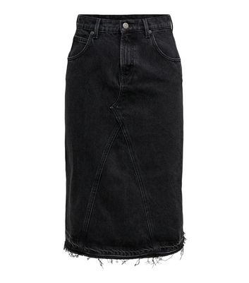 ONLY Black Denim Raw Hem Midi Skirt New Look