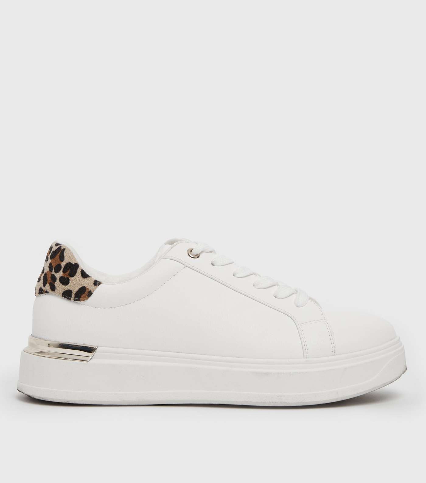 White Leopard Print Lace Up Metal Trim Chunky Trainers