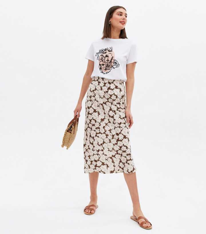 Brown Daisy Bias Cut Midi Skirt