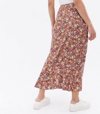 Brown Ditsy Floral Ruffle Midi Wrap Skirt New Look