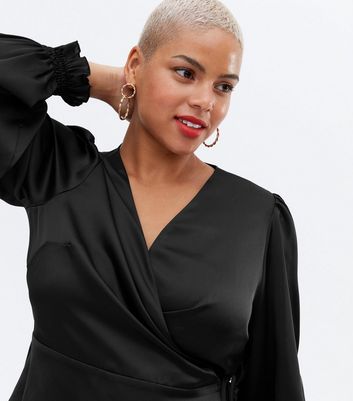 Black satin wrap blouse on sale