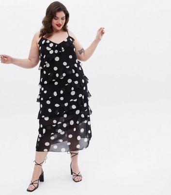 Curves Black Spot Chiffon Ruffle Midi Wrap Dress New Look