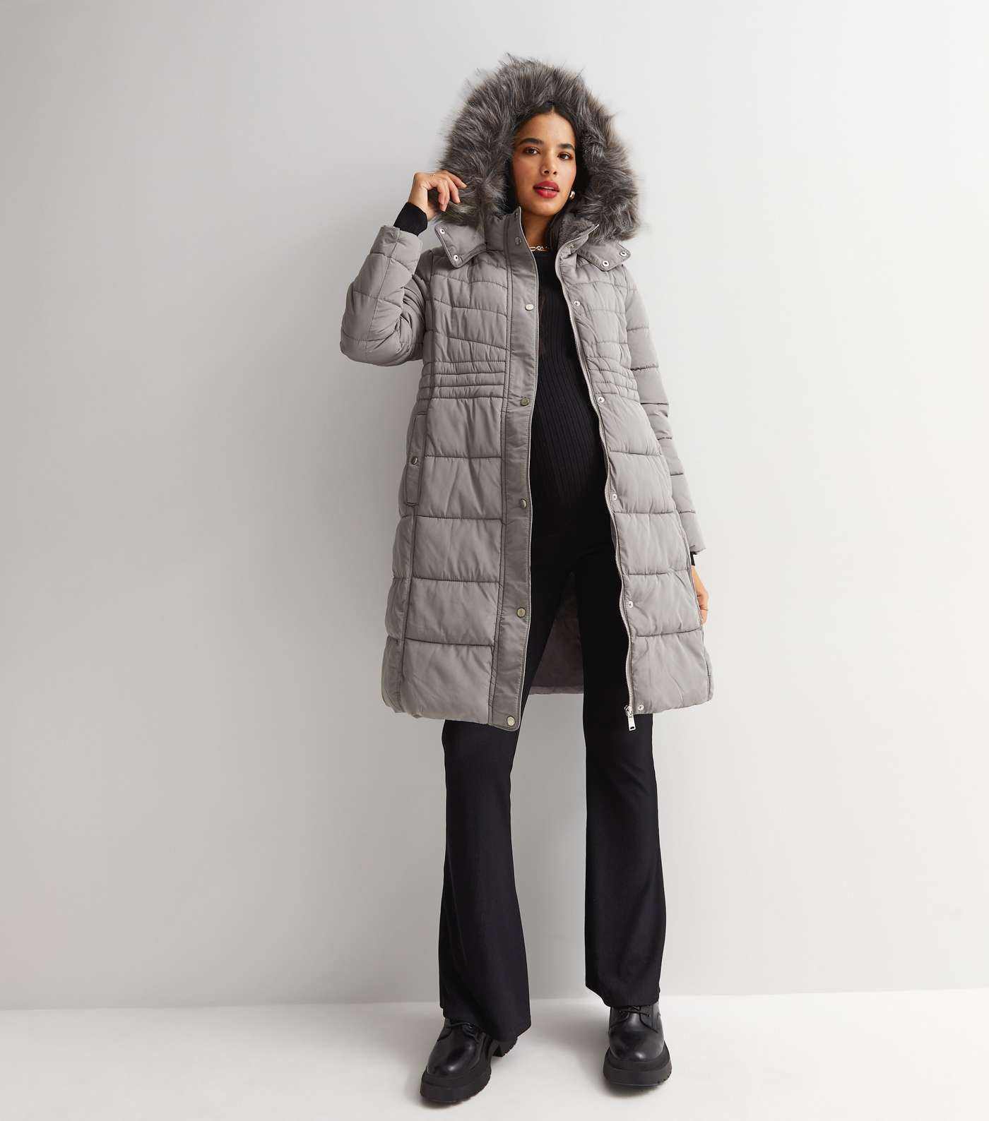 Maternity Pale Grey Long Hooded Puffer Jacket Image 2