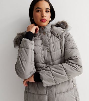 Maternity Pale Grey Long Hooded Puffer Jacket New Look