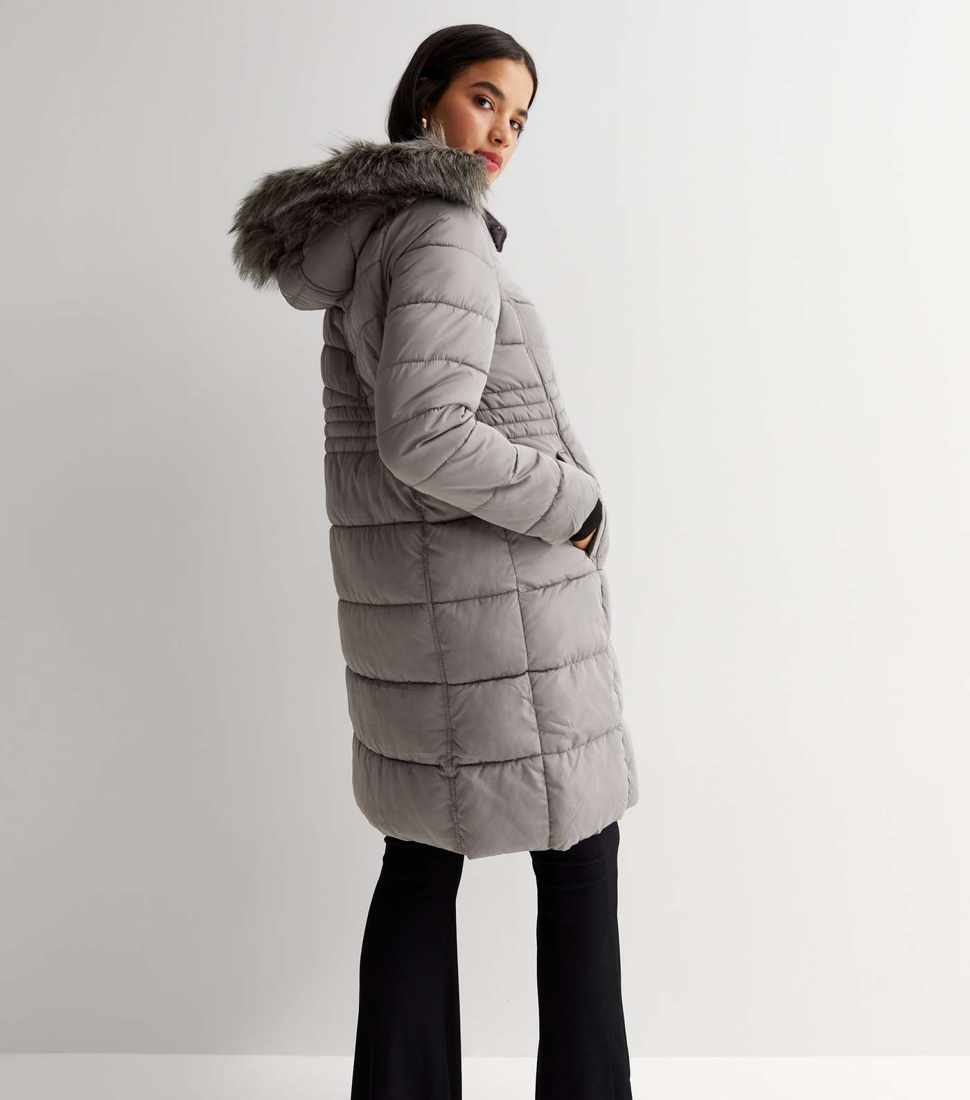Maternity Pale Grey Long Hooded Puffer Jacket Image 4