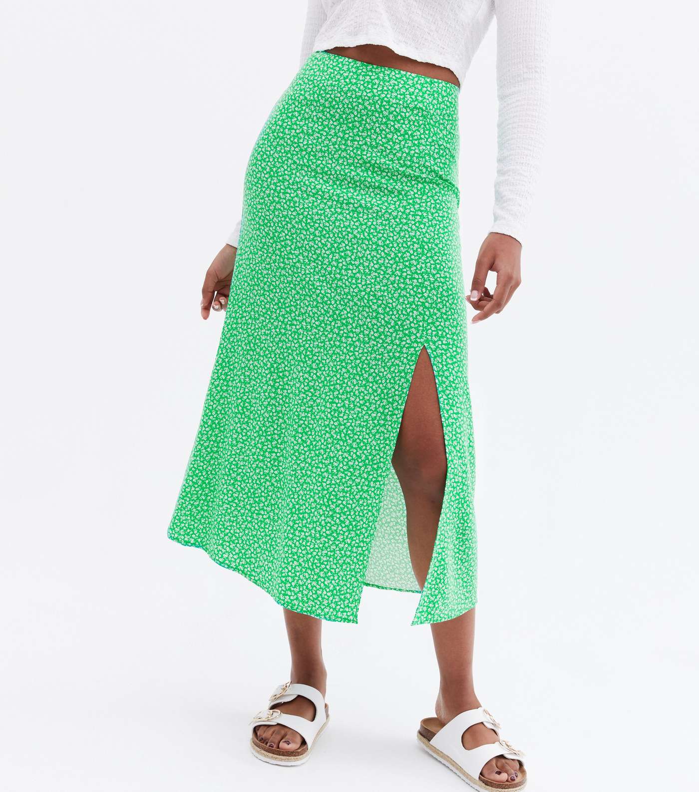 Green Ditsy Floral Split Hem Midi Skirt Image 2