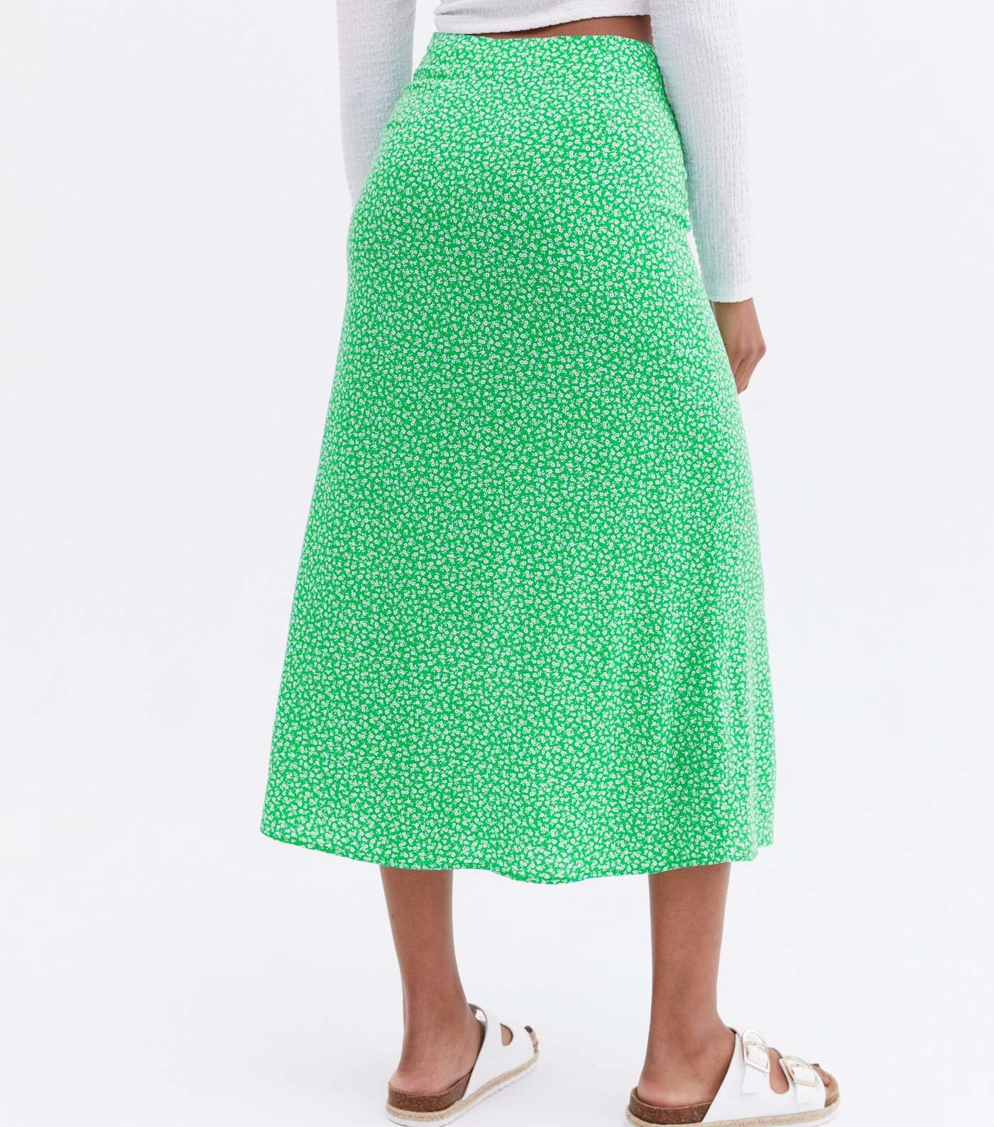 Green Ditsy Floral Split Hem Midi Skirt Image 4