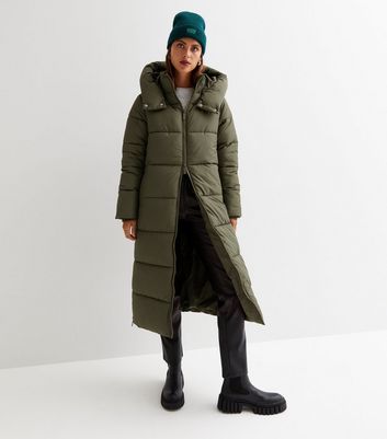 Khaki Hooded Long Puffer Jacket New Look