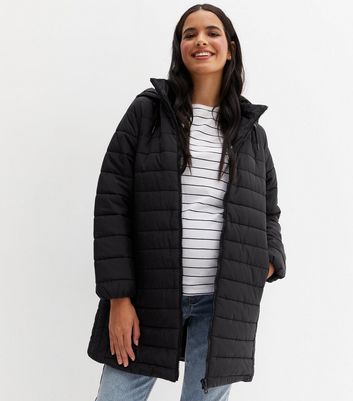 Maternity Black Long Hooded Puffer Jacket New Look