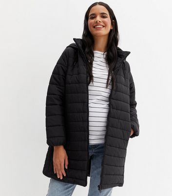 Maternity Black Long Hooded Puffer Jacket