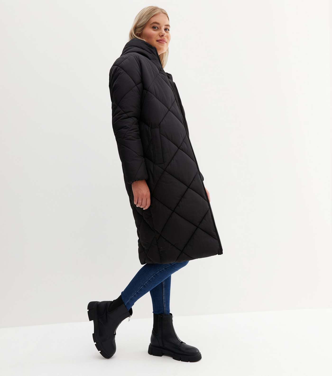 Tall Black Quilted Long Hooded Puffer Jacket Image 2
