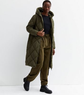 Tall Khaki Quilted Long Hooded Puffer Jacket New Look