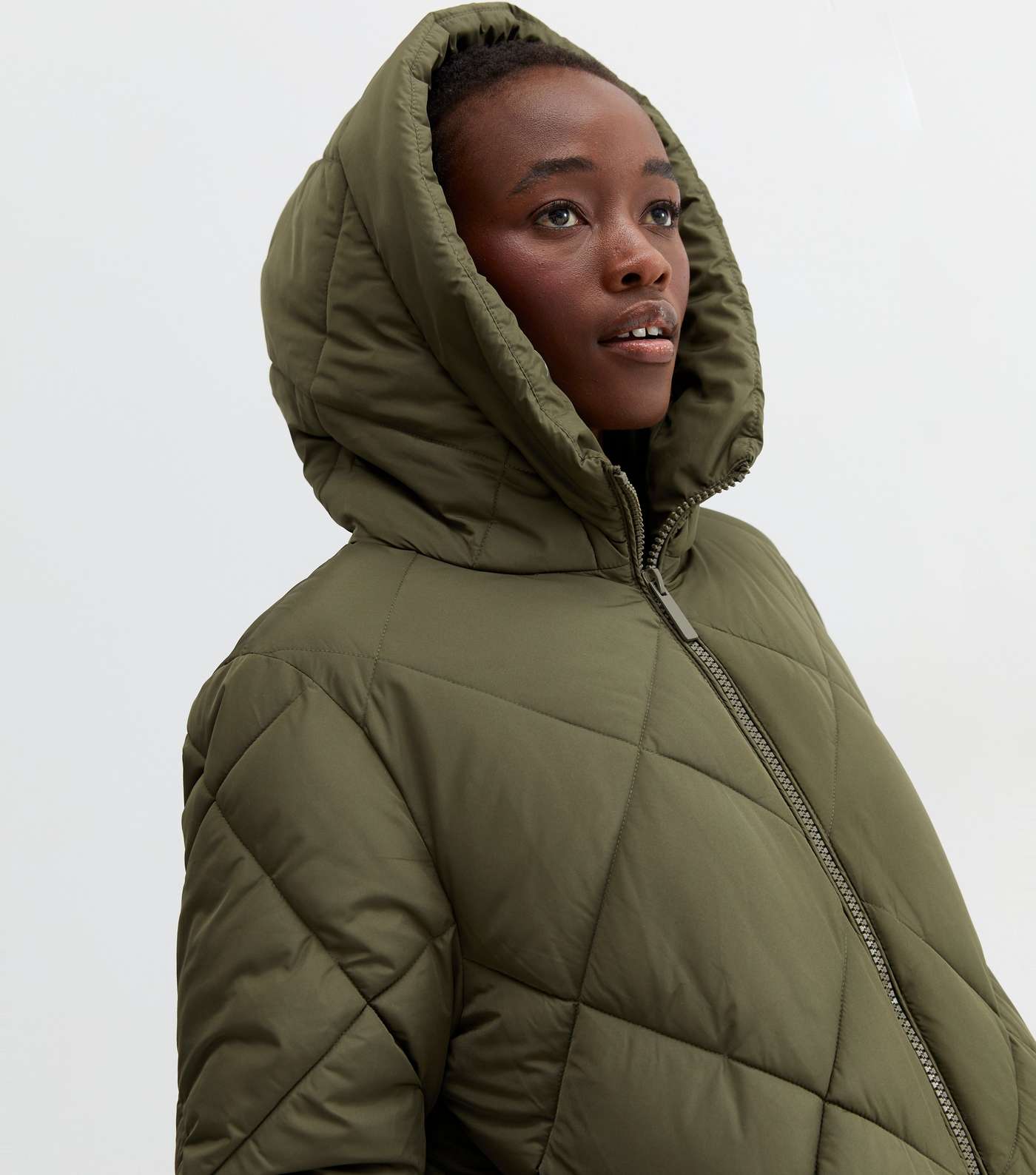 Tall Khaki Quilted Long Hooded Puffer Jacket Image 3