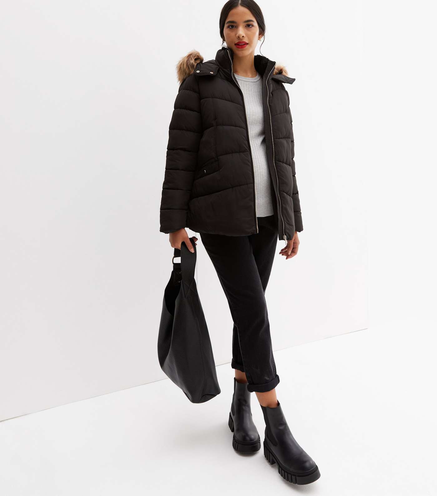 Maternity Black Faux Fur Hooded Puffer Jacket Image 2