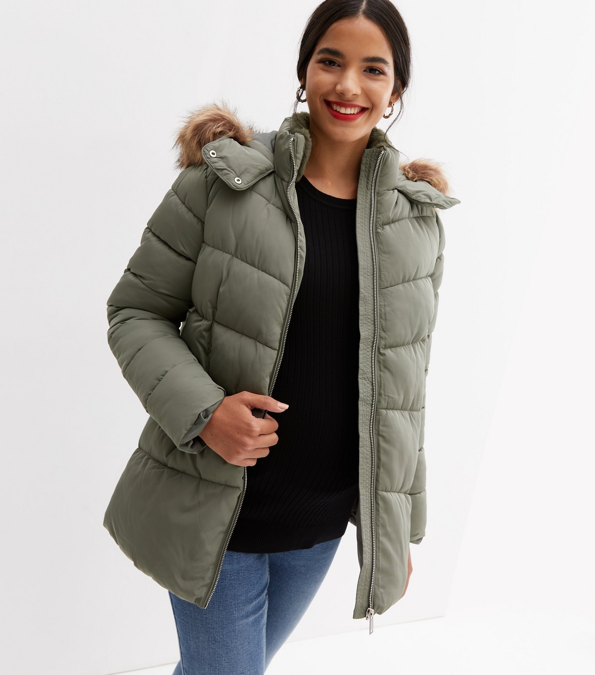 Women's Maternity Olive Faux Fur Hooded Puffer Jacket New Look