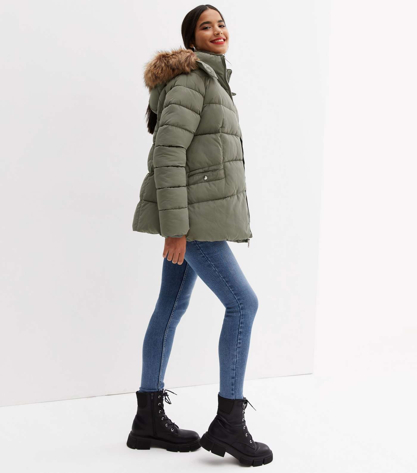 Maternity Olive Faux Fur Hooded Puffer Jacket Image 2